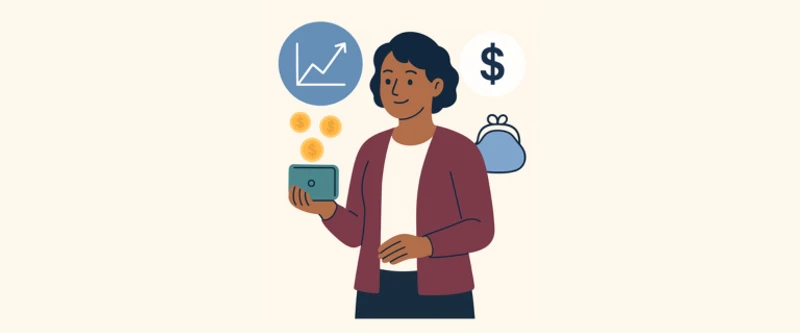 Expenses during retirement illustration of a woman holding a wallet with coins, surrounded by money symbols and a chart, representing budgeting and managing retirement costs in Canada.